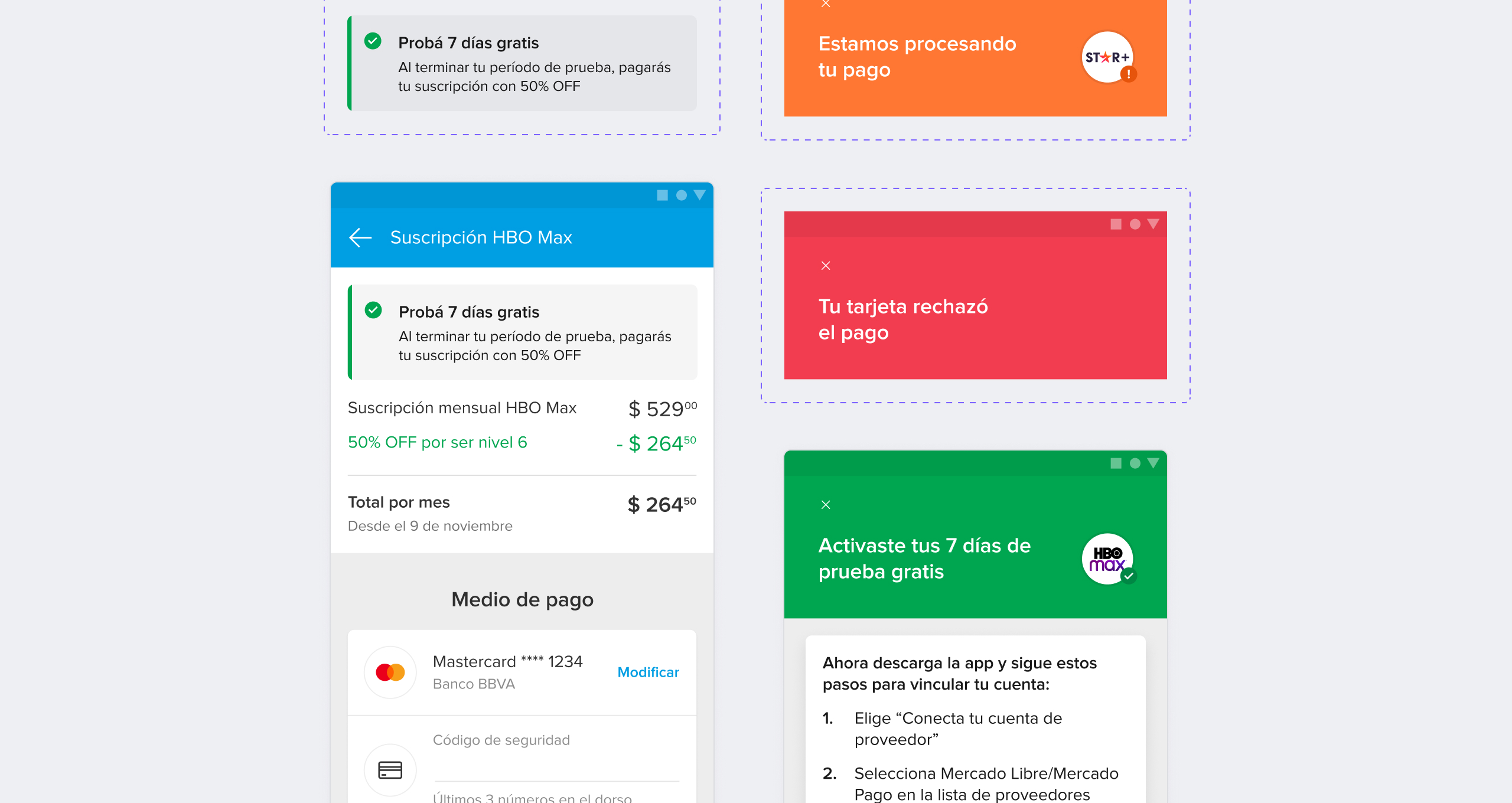 Our checkout powered by Mercado Pago and its congratulations and error screens. Our checkout powered by Mercado Pago and its congratulations and error screens.